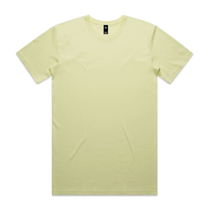 A light yellow t-shirt with a crew neck and short sleeves, featuring a label inside the collar.