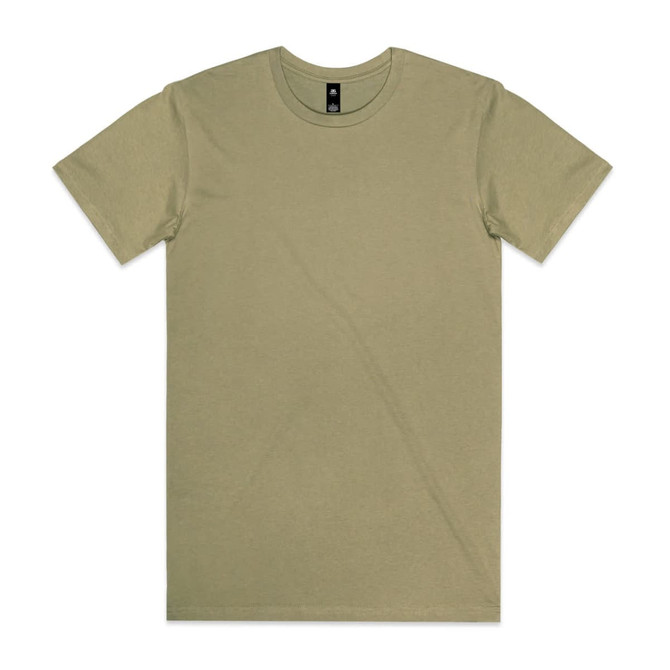 An olive green T-shirt featuring a crew neckline and short sleeves, with a logo on the label.
