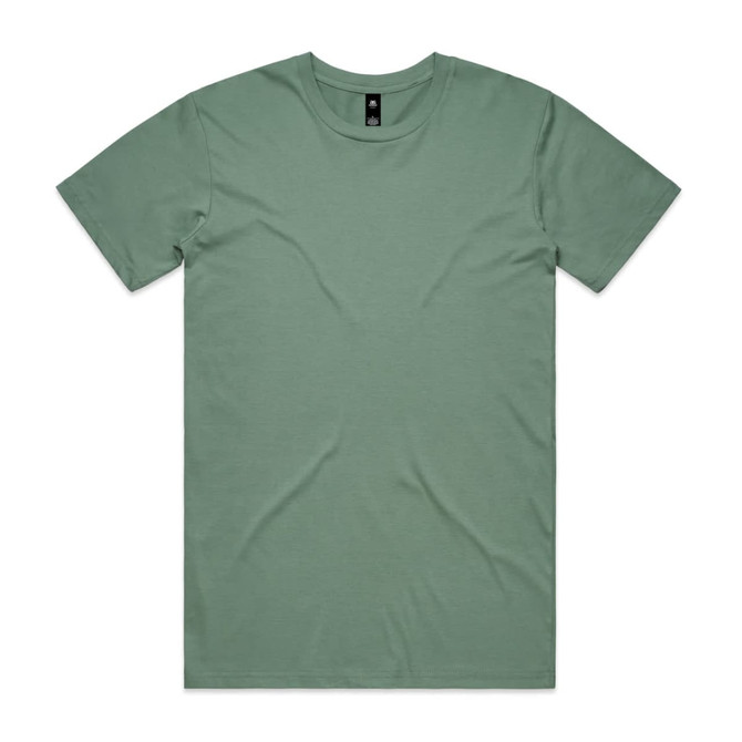 A green staple tee with a crew neck and short sleeves, featuring a simple design and a logo label.