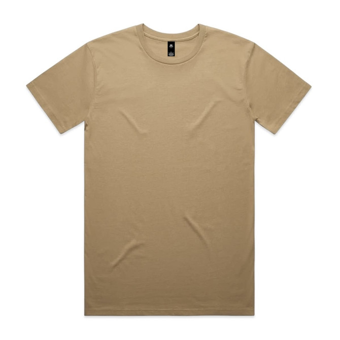 A beige T-shirt displayed flat, featuring a simple design and a branding label on the collar.