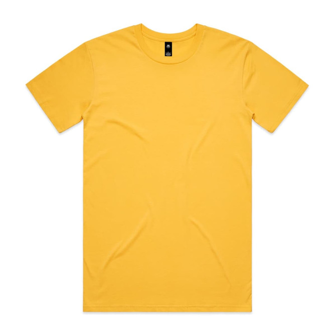 A plain yellow T-shirt with short sleeves and a round neckline, featuring a label in the neck area.