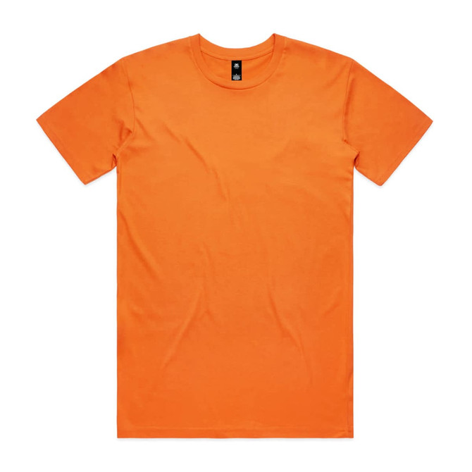 An orange T-shirt with a round neckline and short sleeves, featuring a logo on the label.