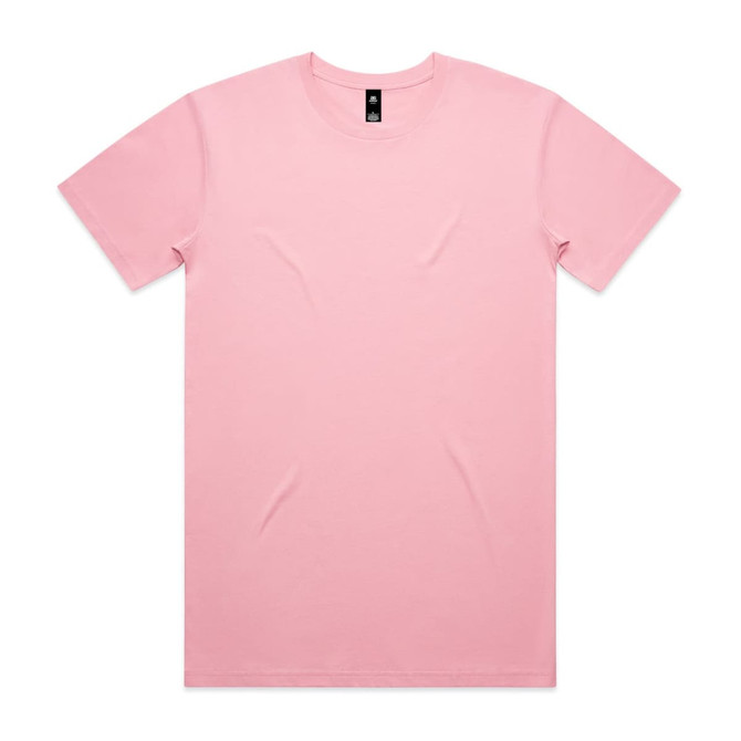A pink T-shirt with a crew neckline and short sleeves, featuring a logo on the label.