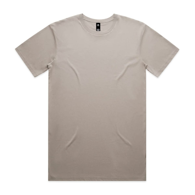 A beige t-shirt featuring a crew neck design and a tag with a logo.