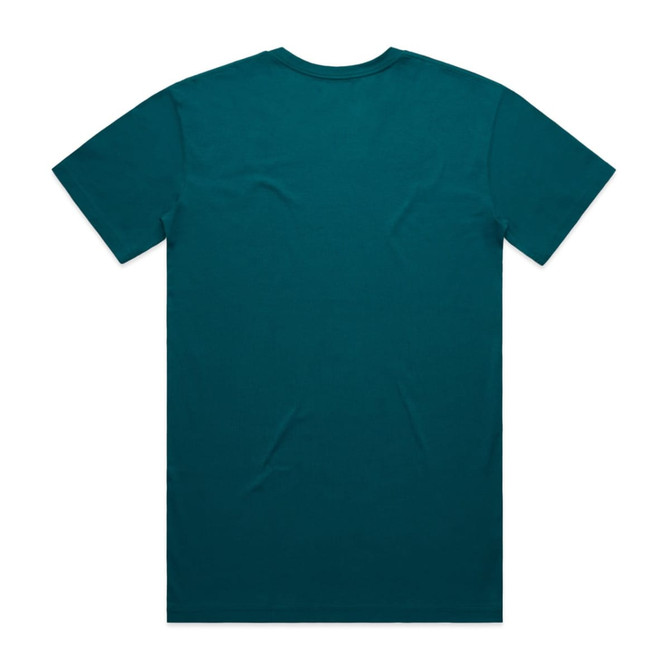 A teal T-shirt featuring a plain back and a simple design, with a branding logo present.