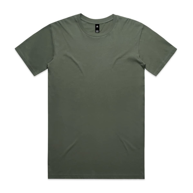 A plain olive green t-shirt featuring a crew neck and short sleeves, with a small logo on the label.