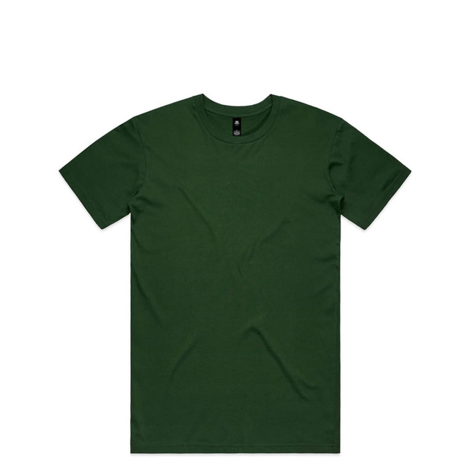 A green T-shirt with a round neckline and short sleeves, featuring a label and no visible designs.