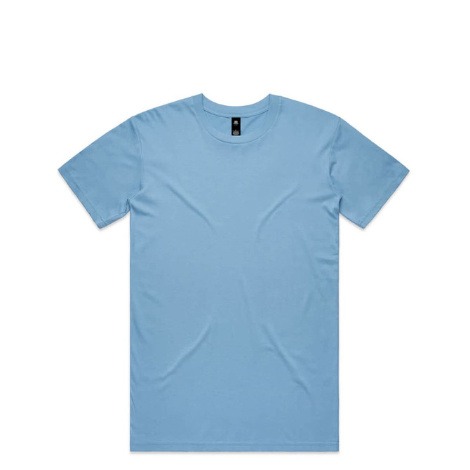 A light blue T-shirt with a crew neckline and a branding logo on the tag.