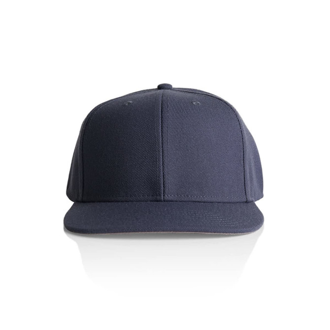 A dark navy cap with a flat brim and an adjustable back. It features a logo on the front.