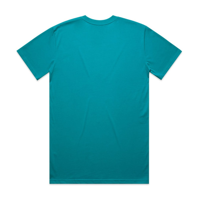 A turquoise t-shirt with a crew neck and short sleeves, featuring no visible logos or branding.