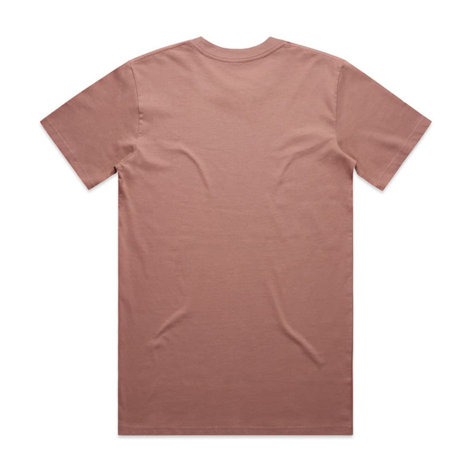 A plain, blush pink t-shirt with a standard crew neck and short sleeves, featuring a subtle branding detail.