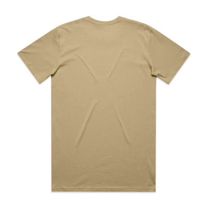 A khaki T-shirt featuring a plain back and a logo. Cotton material with short sleeves, available in various sizes.