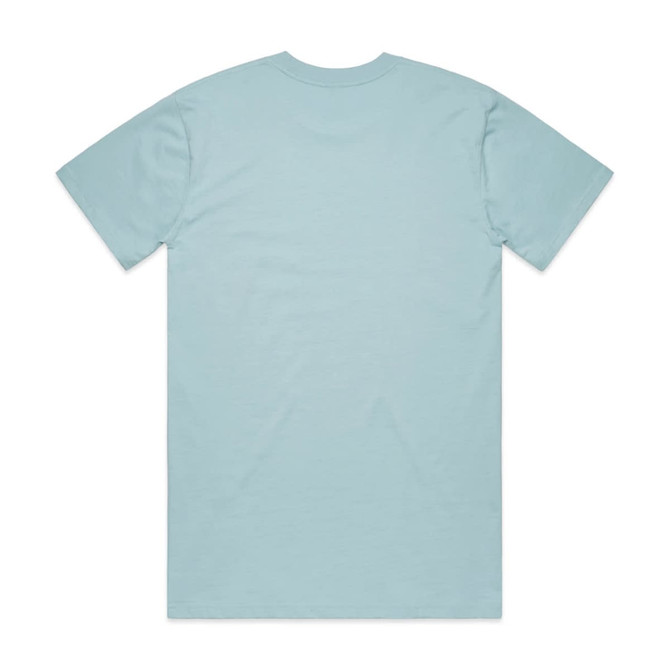 A light blue T-shirt in a classic style, featuring a logo, with a simple back design.