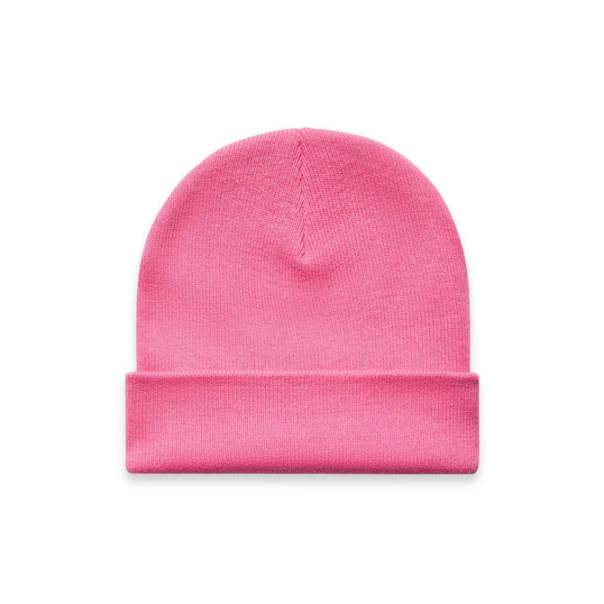 A pink cuff beanie with a knitted texture and a folded brim, featuring a branding logo.