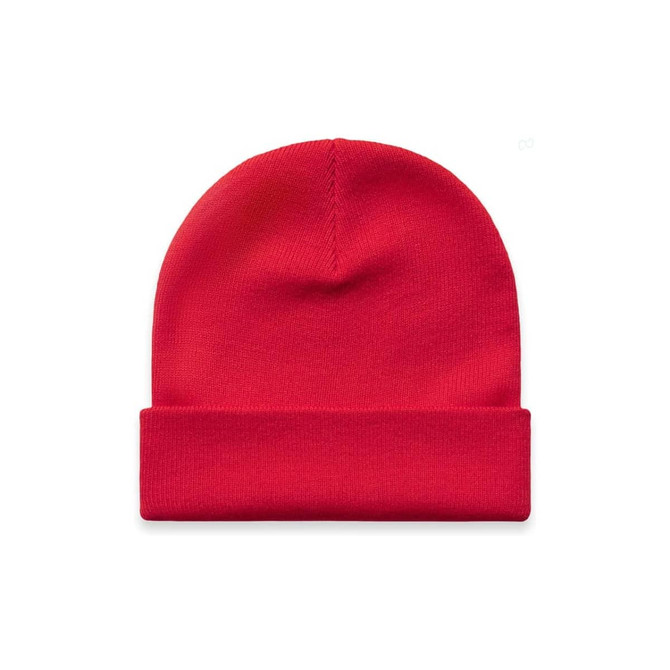 A red cuff beanie with a folded edge, featuring a logo on the front.