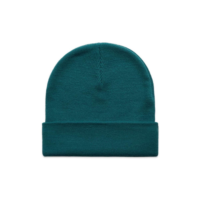 A teal beanie with a folded cuff, featuring a logo on the side.