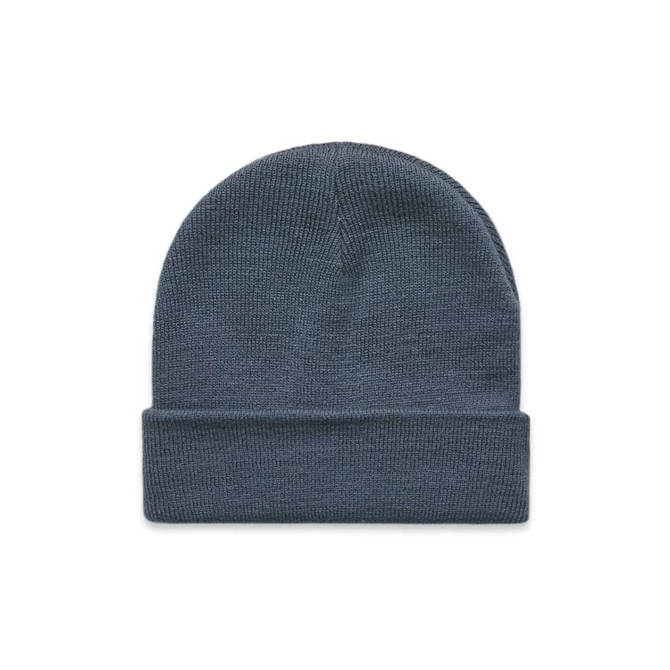 A grey cuff beanie with a ribbed texture and a folded cuff, featuring a logo on the edge.