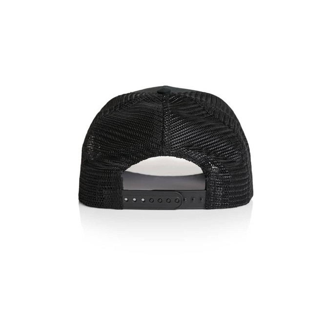 A black trucker cap featuring a mesh back and an adjustable strap. The cap has a logo on the back.