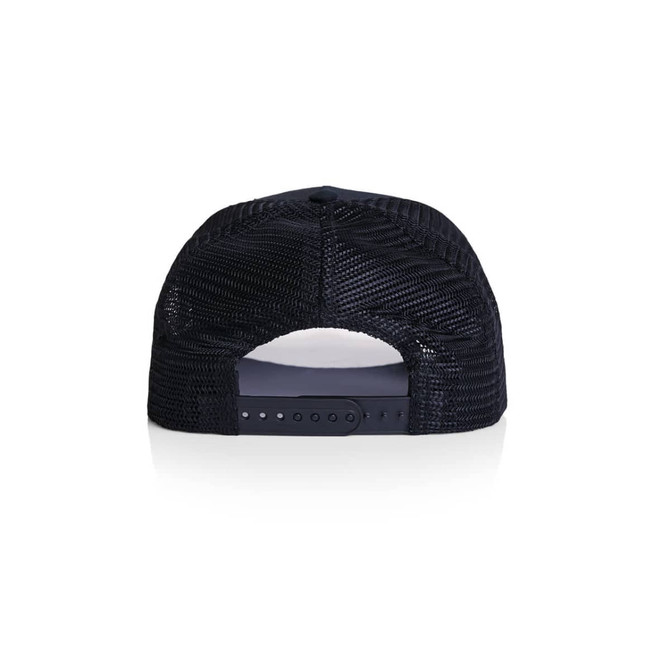 A black trucker cap with a mesh back and an adjustable strap, featuring a logo on the back.