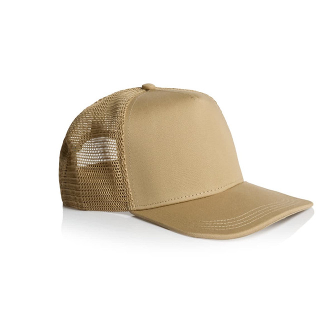 A beige trucker cap with a solid front and mesh back, designed for casual wear.