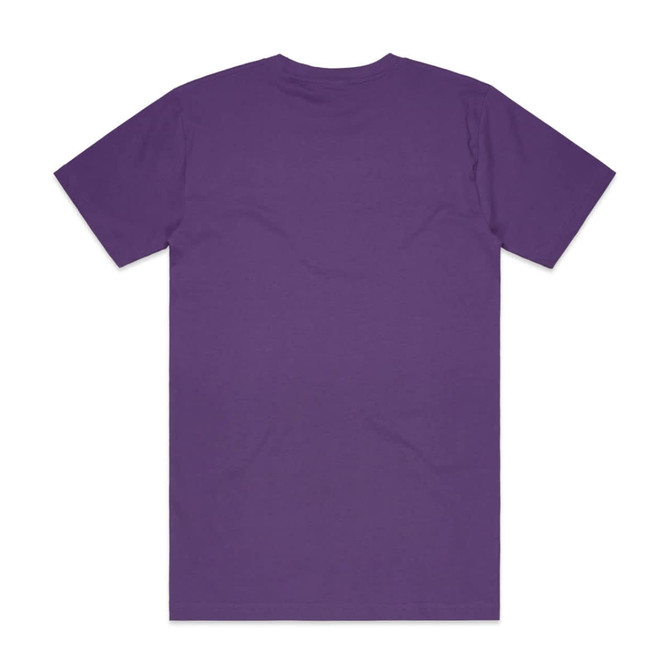 A purple t-shirt with a simple design, featuring a plain back and short sleeves. It includes a logo.