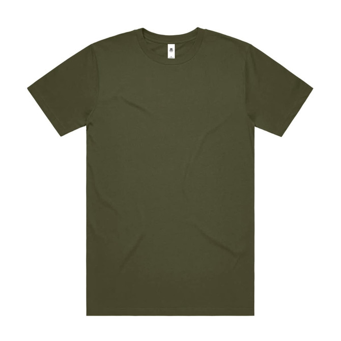 An olive green T-shirt with a classic crew neck and short sleeves, featuring a logo on the label.