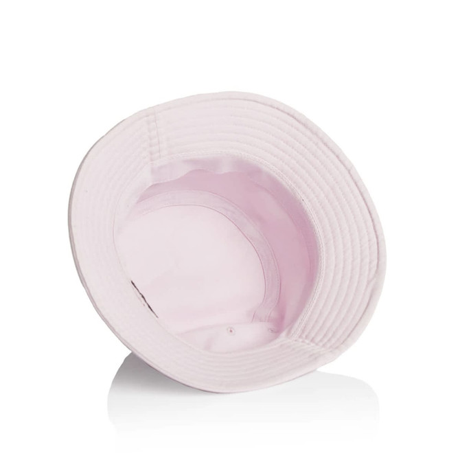 A pink bucket hat with a soft inner lining, featuring a simple design and a slight brim.