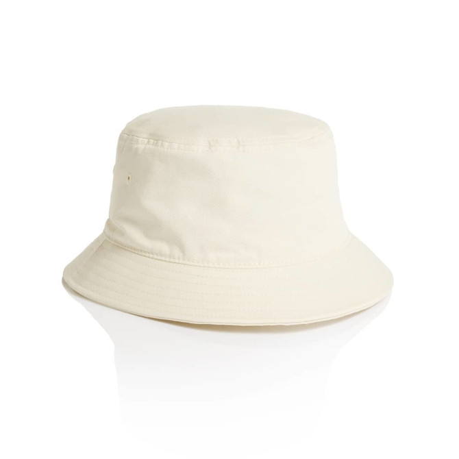 A cream bucket hat with a wide brim and a simple design. It features a logo on the side.