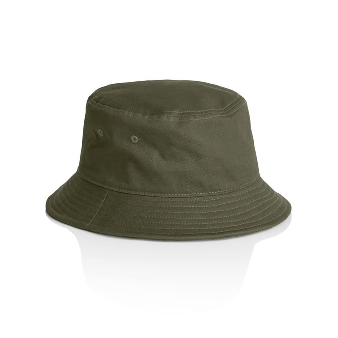A green bucket hat with a wide brim and ventilation holes, featuring a simple design and a logo.