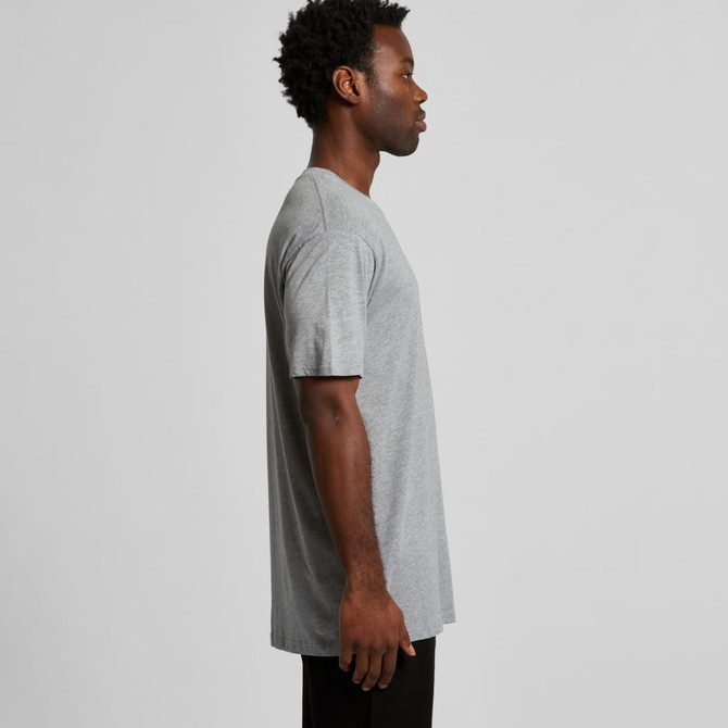 A grey basic t-shirt displayed on a model, showcasing a side view with short sleeves.