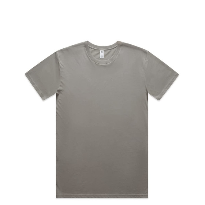 A plain grey t-shirt with a rounded neckline and short sleeves, featuring a logo on the label.