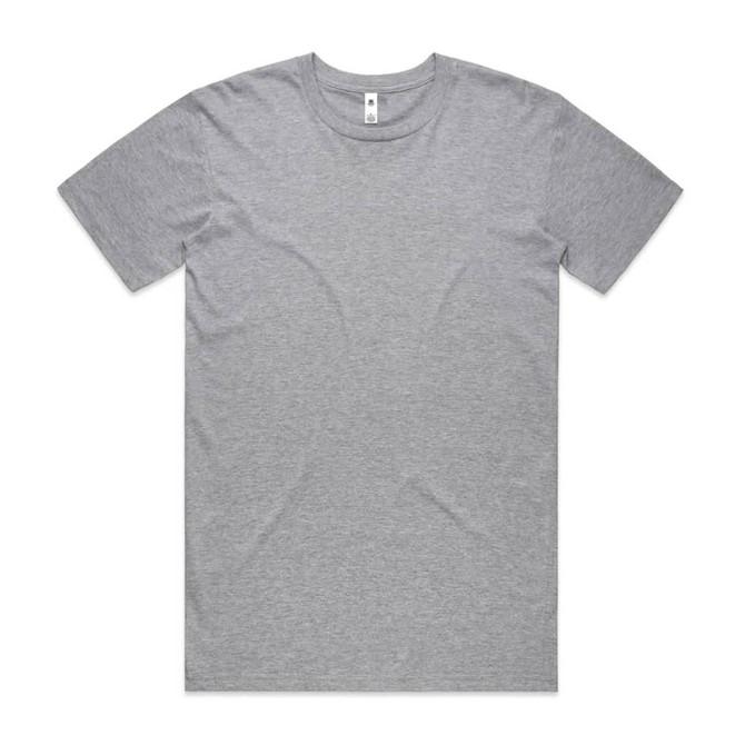 A grey basic t-shirt with a round neckline and short sleeves, featuring a logo near the collar.