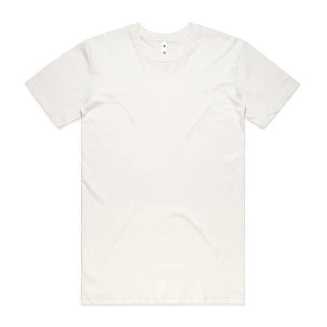 A plain cream basic tee, featuring a round neck and short sleeves, with a small logo on the label.