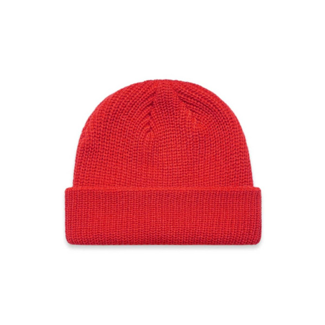 A red beanie with a folded cuff and a textured knit pattern, featuring a logo.