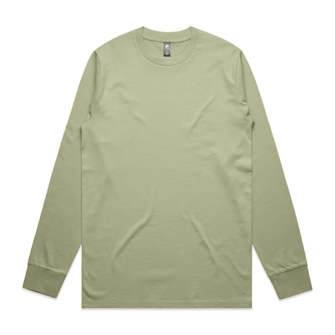 A long-sleeve t-shirt in a soft green colour, featuring a simple design and an attached logo.