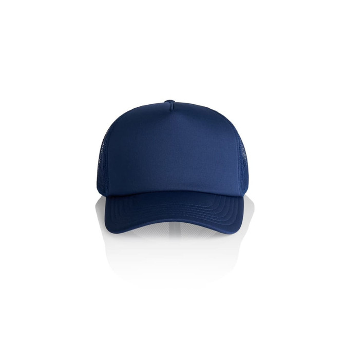 A navy blue foam trucker cap with a solid front panel and mesh sides, featuring a logo on the front.