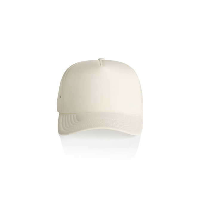 A cream foam trucker cap with a logo on the front and mesh back.