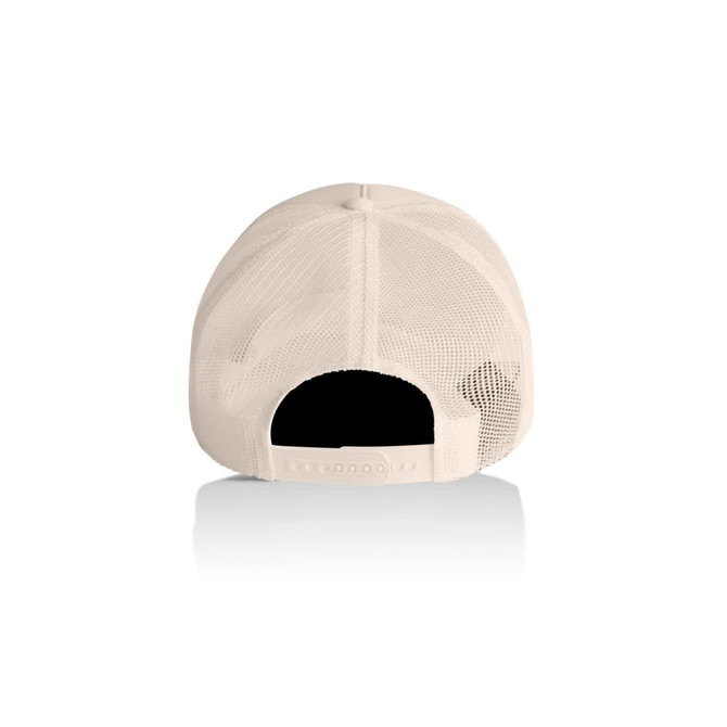 A cream foam trucker cap with a mesh back and an adjustable strap. Features a branding logo.
