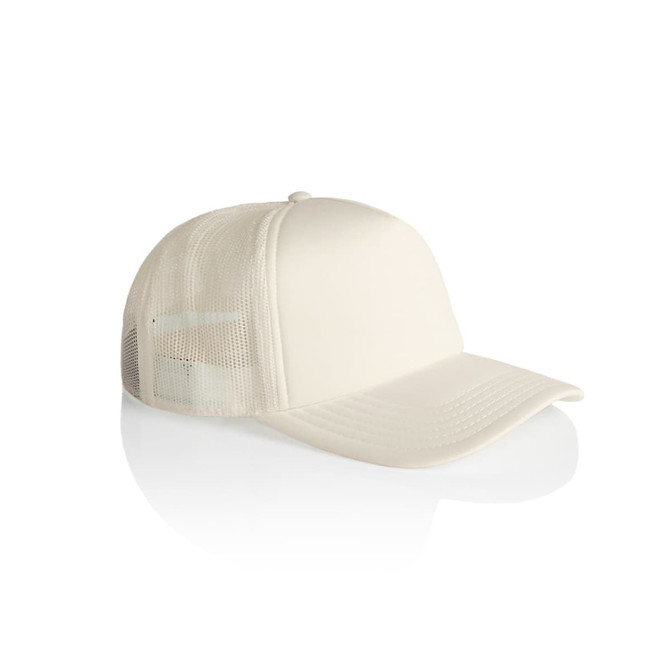 A foam trucker cap in off-white with a mesh back and a branded logo.