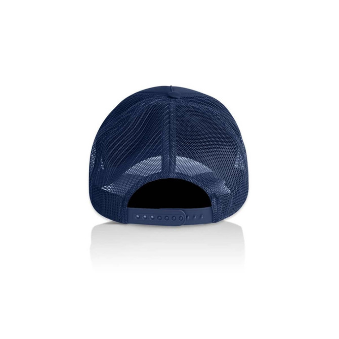 A navy foam trucker cap with a mesh back and an adjustable strap, featuring a logo on the rear.