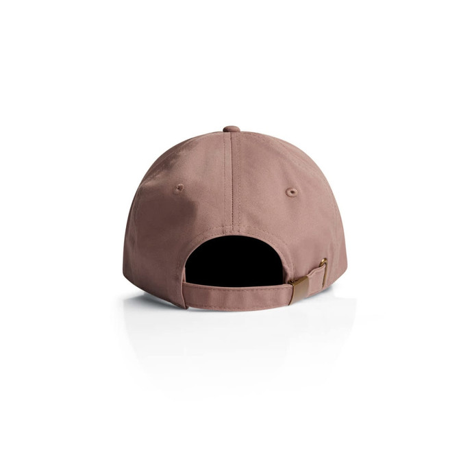 A pink cap featuring an adjustable strap at the back and a logo on the side.