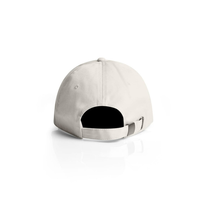 A beige cap featuring a black interior and an adjustable strap at the back, with a logo present.