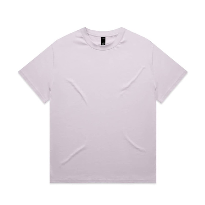 A lilac heavy tee shirt with a relaxed fit and a tag inside. It features a logo on the back.