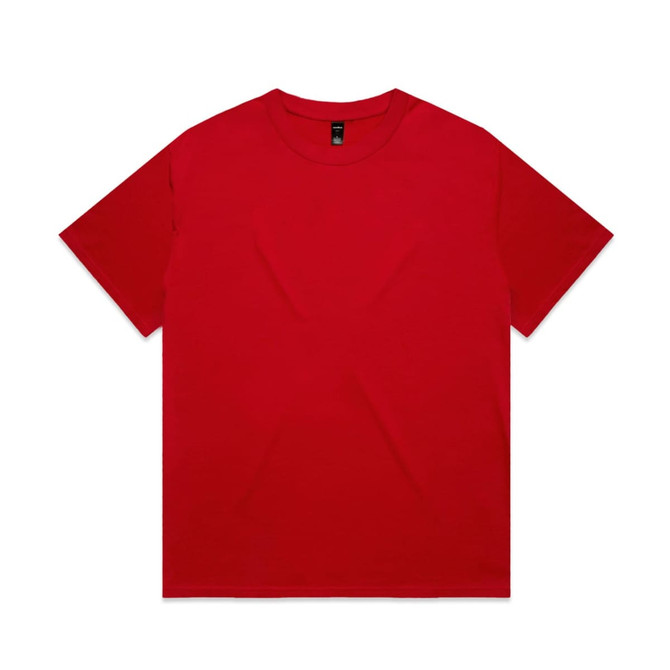 A red t-shirt with a classic crew neckline and short sleeves, featuring a branded label.