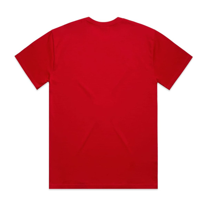 A red t-shirt with a plain back, featuring a branding logo on the neck area.