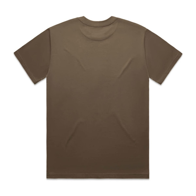 A brown Heavy Tee shirt with a plain back design and a logo on the neck area.