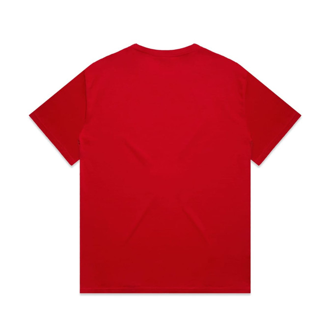 A red t-shirt with a plain back, featuring a logo on the upper area.