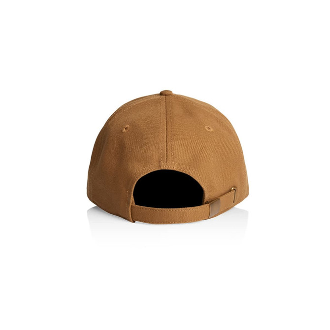 A brown cap featuring a rear adjustment strap and a visible logo on the side.