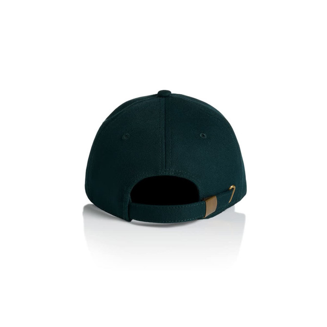 A dark green cap featuring a curved brim and an adjustable strap at the back. It has a logo on the side.