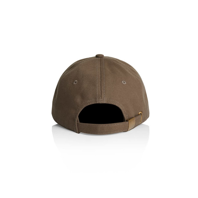 A brown cap featuring a rear adjustable strap and ventilation holes, with a logo on the back.